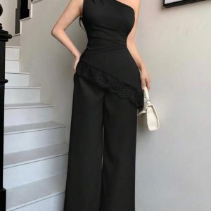 conjunto de 2 peças de regata de um ombro só e calça de perna larga feminina preta