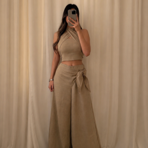 2 peças conjunto de top ajustado com amarração cruzada nas costas e calça pantalona
