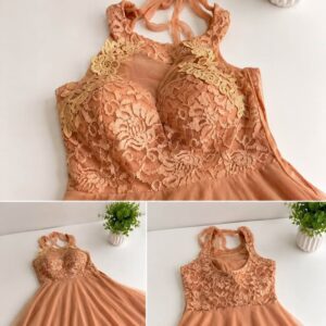 vestido curto rosa gold rendado com saiote gliterizado